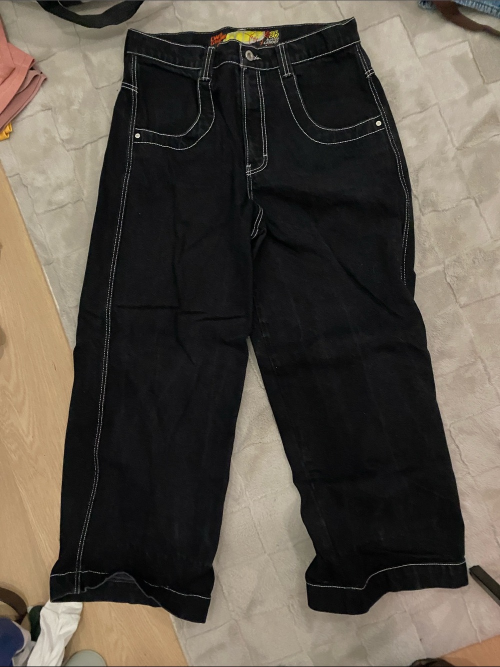 JNCO Black Wide-Leg Jeans with White Contrast Stitching